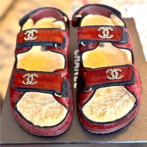 CHANEL Dad Ponyhair Sandals, Size 36